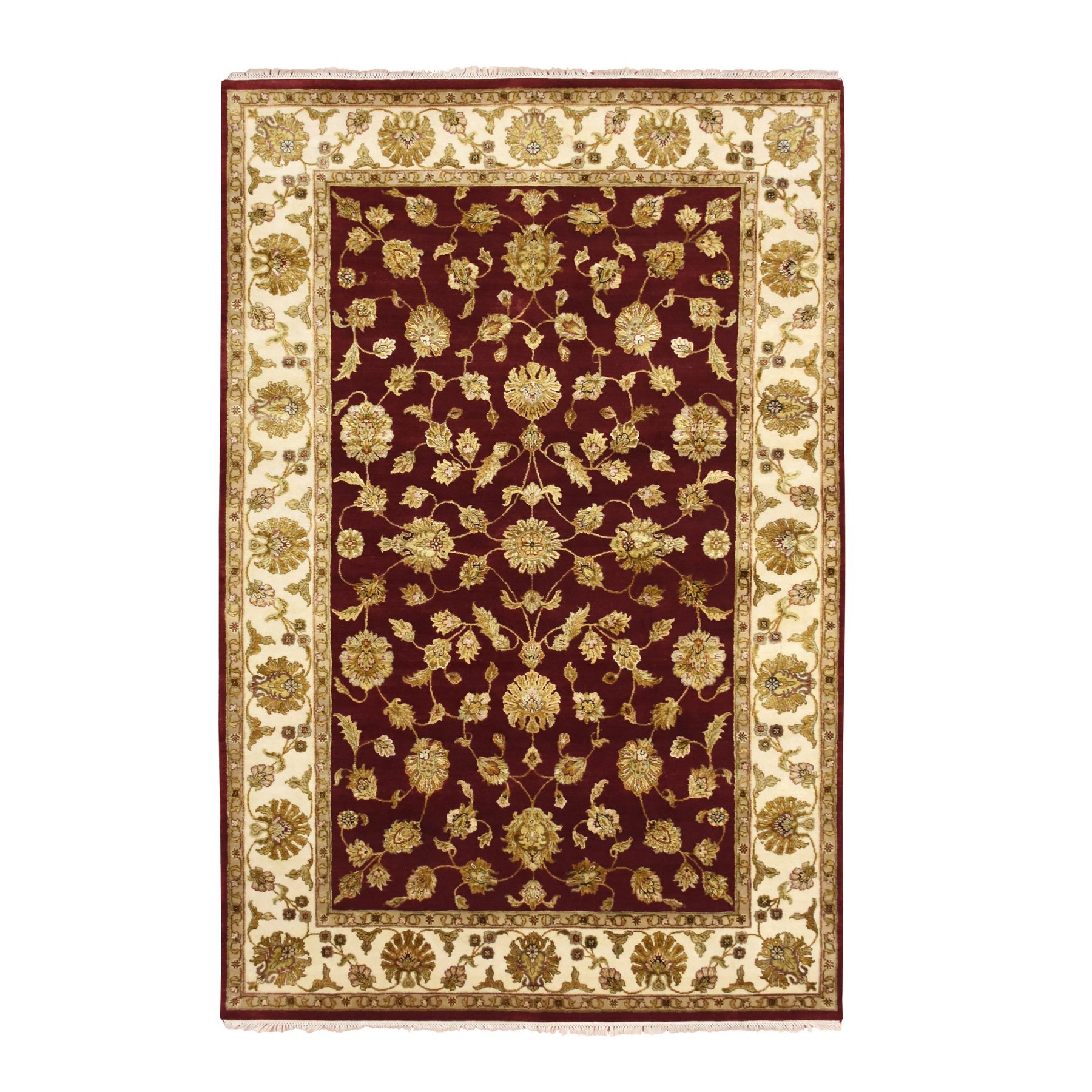 Crimson Red, Hand Knotted, Wool and Silk, Soft Pile, Rajasthan with All Over Leaf Design, Thick and Plush, Oriental Rug